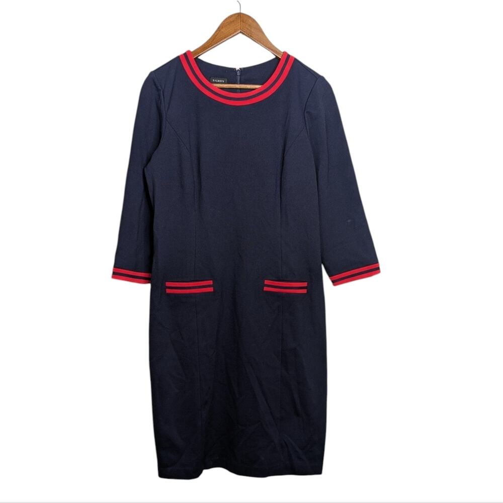 Talbots Career Shift Midi Dress 10 Navy Blue Red Trim Modest Ponte Knit Office - Picture 9 of 9
